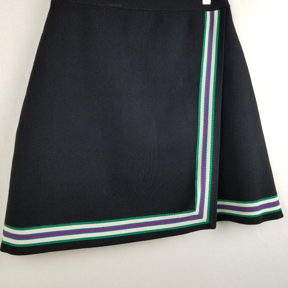 Sandro Black Ponte Knit Cheerleader Mini Skirt Faux Wrap Contrast Trim Sz Small - Picture 5 of 13